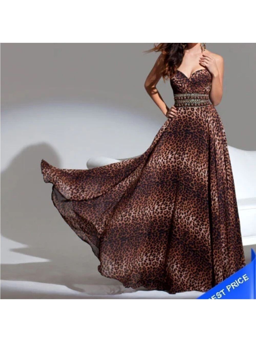 Tony Bowls Le Gala Strapless Gown Sz 8 Leopard Print Maxi Empire Dress EUC!